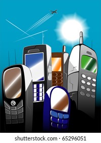 vector illustration of mobile telephones city in the afternoon