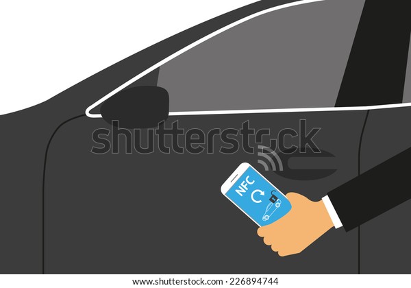 Vector illustration of mobile unlocking a car\
via smartphone.