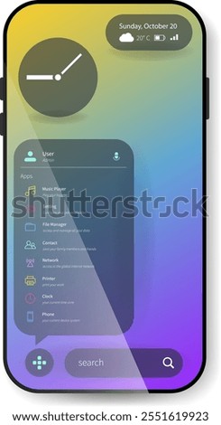 A vector illustration of a mobile user interface featuring a vibrant gradient background transitioning from yellow to blue and purple