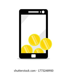 Vector illustration of a mobile wallet design collecting coins with a white backgorund