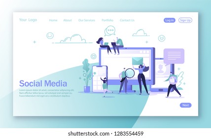 Vector illustration for mobile website development and web page design.  Man and woman characters chatting and blogging using mobile devices. Global internet community. Virtual communication concept.