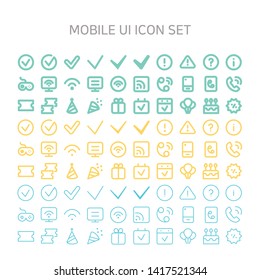 Vector illustration of mobile-ui icons for mobile, interface, mobile site, mobile icon, line icon, flat icon, check, important, information, alerts, games, Internet, computer, Wi-Fi, transmission.