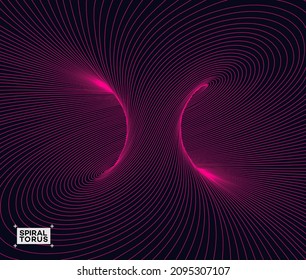 Vector illustration of mobius torus inside view with geometrical hypnotic twisting pink lines on black background.