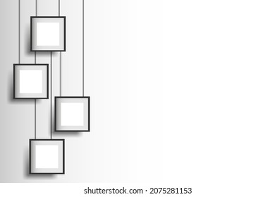 Vector illustration. Mock up of four wooden black portrait frames hanging on the wall. Empty frame for pictures and photos.