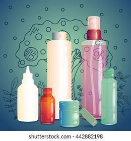 Vector illustration. Mock up set of cosmetics. Spray cream, bottles, empty and filled with lids are included in the symbols.