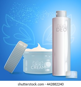 Vector illustration. Mock up set of cosmetics. Spray cream, bottles, empty and filled with lids are included in the symbols.