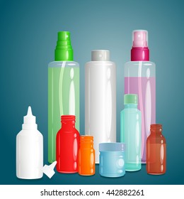 Vector illustration. Mock up set of cosmetics. Spray cream, bottles, empty and filled with lids are included in the symbols.