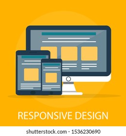 Vector illustration of mockup & computer concept with "responsive design" technology and communication icon.