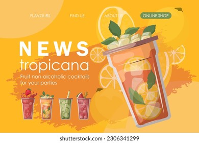 Vector illustration. Mockup design of a summer cocktail bar. Tropical cocktails, online shop, cafe, beach bar, cocktail party. Landing page, website, interface, flyer, banner, poster, sale