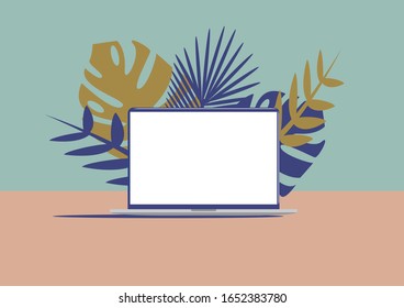 Vector illustration of mockup of modern laptop with a blank screen with copy space and gold and blue leaves in art deco style