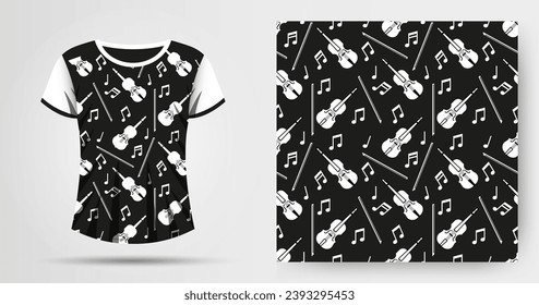 Vector illustration of a mockup and musical seamless pattern with violins and notes in black and white.