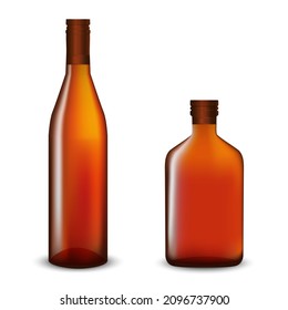 Vector Illustration. Mockup Ready for your design of glass bottles for whiskey, cognac, brandy beverages or other drinks, isolated on white background. Product packaging EPS10
