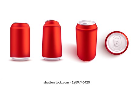 Vector illustration mockup set of blank red aluminum soda or beer can from different angles in realistic 3d style - isolated empty metallic pack for alcohol or fizzy drink branding and advertising.