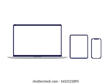 Vector illustration of mockups of modern laptop, tablet and phone with blank screens with copy space isolated on white background
