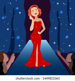 A vector illustration of a model in a cartoon style. Woman in a red dresson a podium.  Red long dress with white scintillation. Glitter and sparkle, and people that are fans of the model.