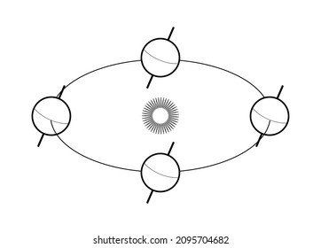 Vector illustration of a model of Earth's orbit around the sun that causes different seasons. on a white background