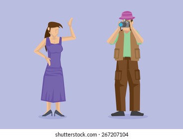 Vector illustration of model in long purple dress striking a pose for professional photographer in photo shoot session. Cartoon characters for photography concept isolated on plain purple background.