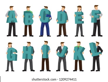 Vector illustration of a modern 3D font and alphabet from A to L carried by business people.