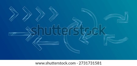 Vector illustration. Modern 3D glassmorphism arrow set with transparent frosted glass texture. Elements for web banners, UI, UX designs, and interfaces.