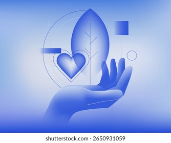 Vector illustration in modern 3D gradient style: blue hand holding a heart and leaf, geometric details on a soft blue background. Trendy digital art, eco care theme.