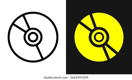 Ilustración vectorial de un moderno ícono abstracto de disco, presentado en dos versiones: contorno negro sobre fondo blanco y relleno amarillo vibrante sobre fondo oscuro, simbolizando datos y medios.