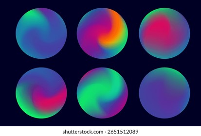 Vector illustration in a modern, abstract style features glowing spheres with neon gradients. Vivid orange, green, blue, purple, and pink swirl in soft circular shapes against a dark background.