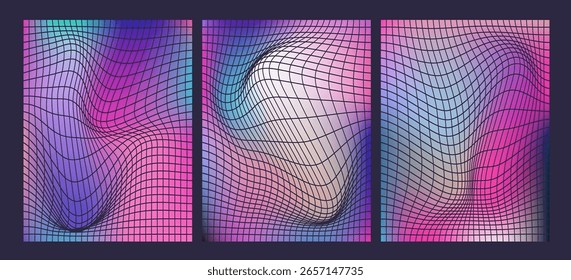 Ilustração vetorial em estilo abstrato moderno, apresentando linhas de grade deformadas sobre um fundo de gradiente vibrante. O tema é futurista e digital, com cores roxas, cor-de-rosa, azul e formas curvas. 