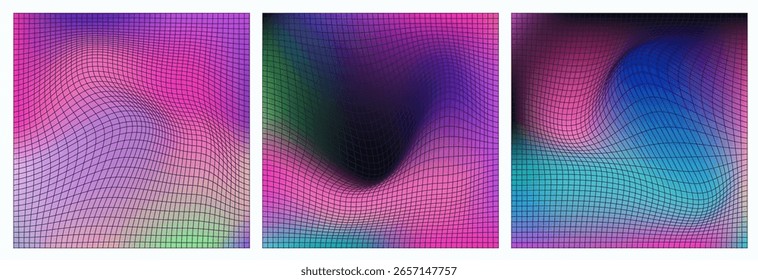 Ilustração vetorial em estilo abstrato moderno, apresentando linhas de grade deformadas sobre um fundo de gradiente vibrante. O tema é futurista e digital, com cores roxas, cor-de-rosa, azul e formas curvas. 