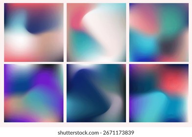 Vector illustration in modern abstract style, featuring six colorful gradients with soft, blurry shapes. Colors include blue, turquoise, pink, black, and white. 
