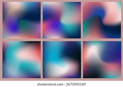 Vector illustration in modern abstract style, featuring six colorful gradients with soft, blurry shapes. Colors include blue, turquoise, pink, black, and white. Theme: fluid, dreamy, digital art.