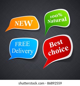 Vector illustration of modern advertisement paper labels over linen texture.