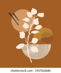 Vector illustration of modern aesthetic poster with abstract geometric stone textured shapes and plant. Contemporary boho art composition in mid century style for print, home and wall decor
