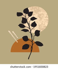 Ilustración vectorial de afiche estético moderno con formas abstractas geométricas de piedra texturizada y planta. Composición contemporánea del arte boho al estilo de mediados de siglo para la impresión, el hogar y la decoración de paredes