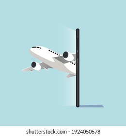 vector illustration of modern airplane depicted on mobile phone screen representing online booking service isolated on cyan background