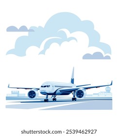 Ilustração vetorial de um avião moderno em uma pista de aeroporto, ideal para temas de viagens, aviação e transporte.