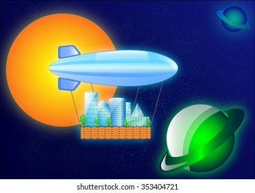 The vector illustration of the modern airship in the space, the concept city in the space