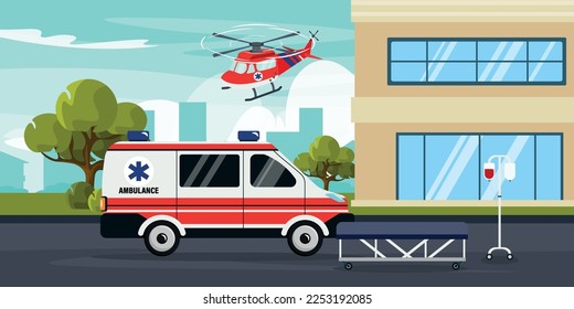 Vector illustration of a modern ambulance. Cartoon urban buildings with hospital, ambulance, helicopter, dropper, stretcher, trees and the city in the background.