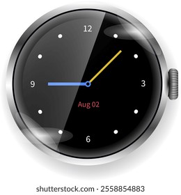 A vector illustration of a modern analog smartwatch face featuring a sleek black design