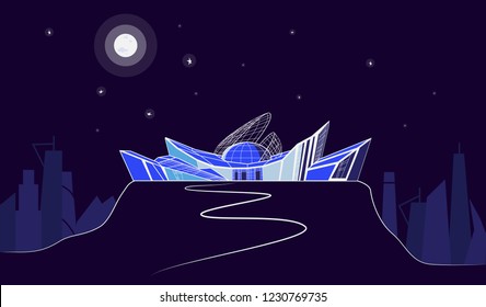 Vector illustration of modern architecture. Glass and concrete modern observatory at night on a hill on the background of modern town at night with stars and moon