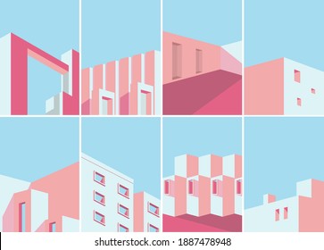 Vector illustration of modern architecture, Minimal architectural building poster. Set of book cover.