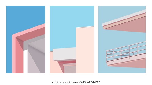 Ilustración vectorial de la arquitectura moderna. Cartel de construcción arquitectónica mínima. Peach fuzz, pantone 2024. Humor veraniego. Azul, rosa, blanco