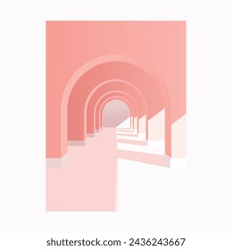 Vector illustration of modern architecture. Minimal architectural building poster. Peach fuzz, pantone 2024. Summer mood. Pink, white
