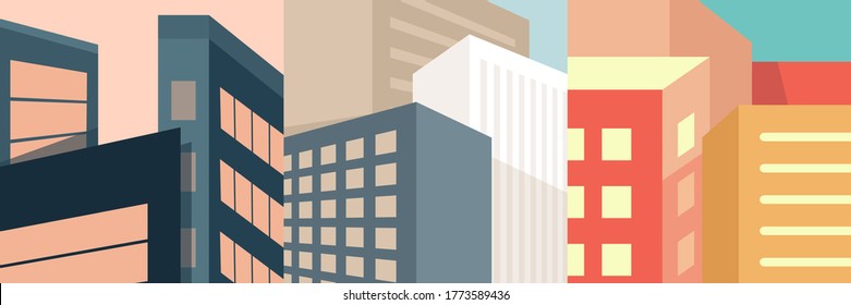 Vector illustration. Modern art background. Color wallpapers set. Minimalist graphic design for social media template, blog post. Buildings in geometric style. Retro graphic