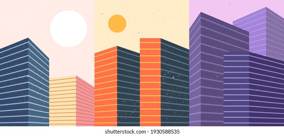 Ilustración vectorial. Fondo de arte moderno. Colores de papel pintado. Diseño gráfico minimalista para afiches, portadas, folletos, revistas, tarjetas de felicitación. Edificios de línea geométrica. Gráfico retro