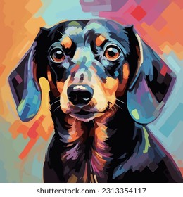 vector illustration modern art of a cute dachshund pet dog portrait. colorful oil painting with brush stroke.