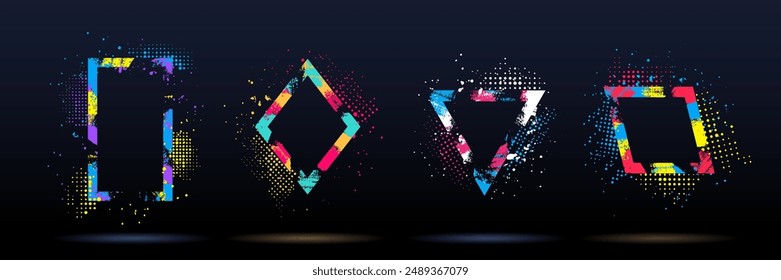 Ilustración vectorial. Gráfico de arte moderno. Marco dinámico. Pincelada de pincel en forma geométrica con puntos de semitonos y salpicaduras de pintura. Elemento para el negocio del diseño o la Tarjeta de regalo, folleto, folleto, cubierta