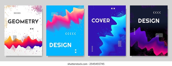 Vector illustration. Modern art graphic. Dynamic bright flow elements with paint splash and halftone dots. 3d flowing gradient colorful wave. Design poster, cover, magazine, layout, brochure, flyer