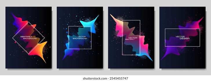 Vector illustration. Modern art graphic. Dynamic frame set with paint splash and halftone dots. 3d flowing gradient colorful wave. Element for design poster, cover, magazine, layout, brochure, flyer