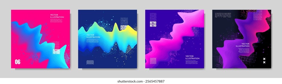 Vector illustration. Modern art graphic. Dynamic bright flow elements with paint splash and halftone dots. 3d flowing gradient colorful wave. Design social media template, web banner, blog post