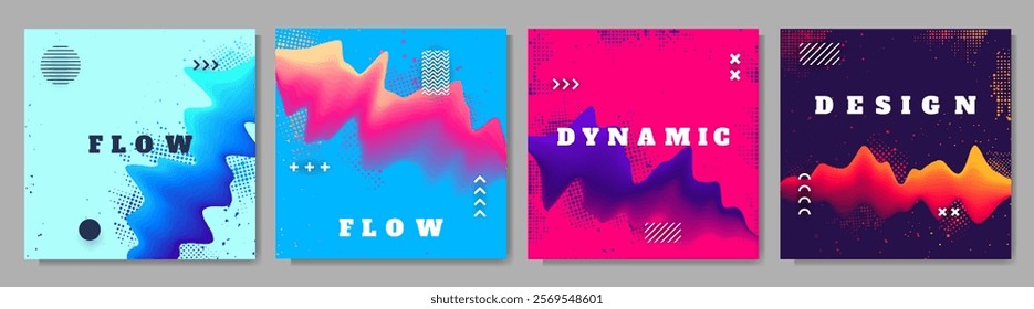 Vector illustration. Modern art graphic. Dynamic bright flow elements with paint splash and halftone dots. 3d flowing gradient colorful wave. Design for web banner, social media template, blog post